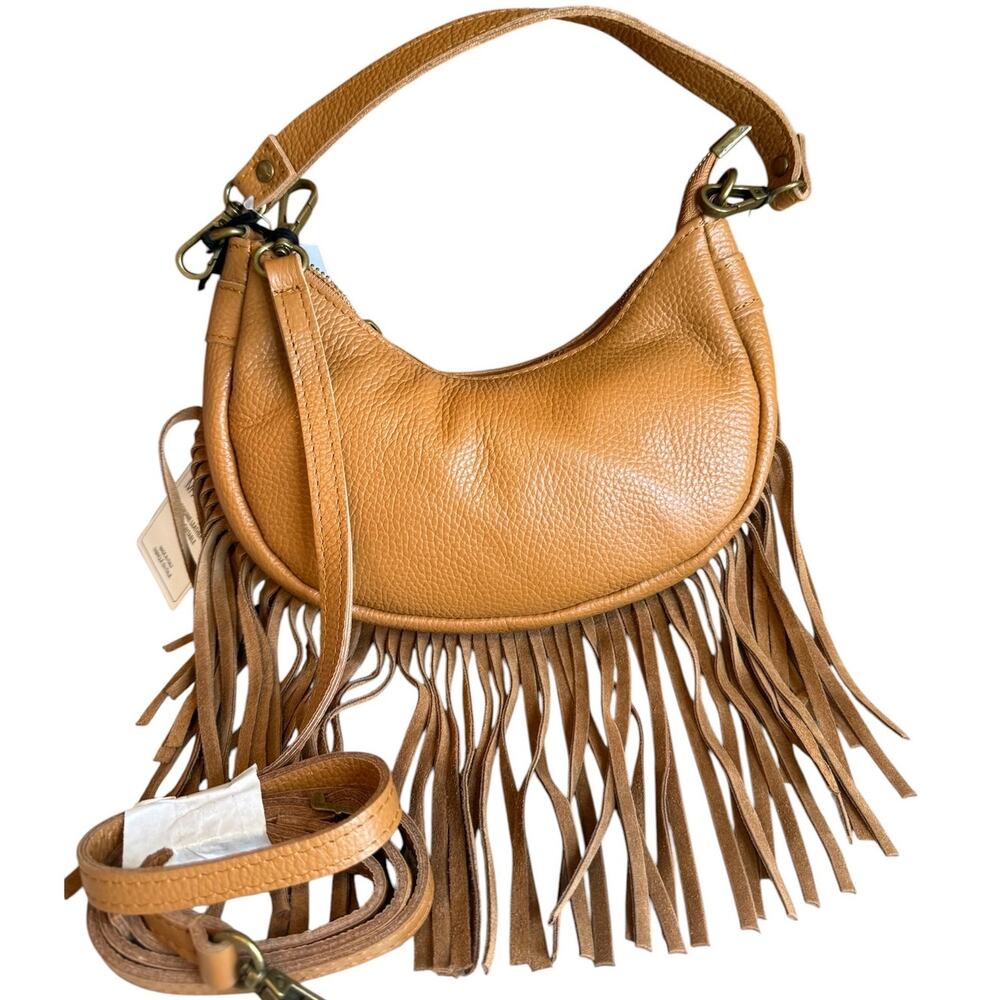 Marlon Genuine Leather Fringe Crescent Hobo Bag Camel Brown